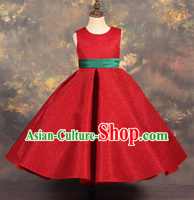 Professional Catwalks Stage Show Dance Red Dress Modern Fancywork Compere Court Princess Costume for Kids