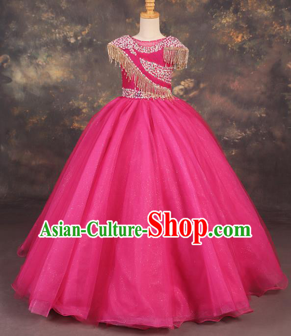 Professional Catwalks Stage Show Dance Rosy Veil Long Dress Modern Fancywork Compere Court Princess Costume for Kids