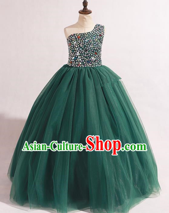 Professional Girls Compere Deep Green Veil Long Full Dress Modern Fancywork Catwalks Stage Show Costume for Kids