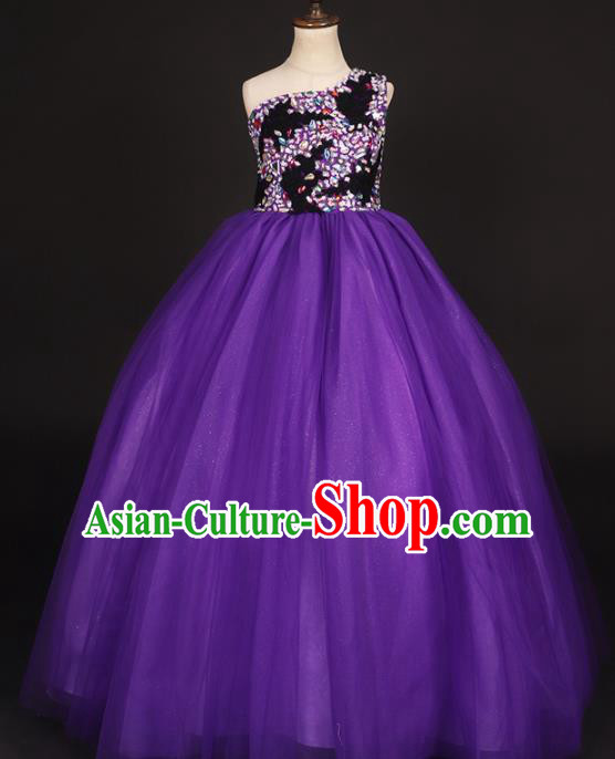 Professional Girls Compere Purple Veil Long Full Dress Modern Fancywork Catwalks Stage Show Costume for Kids