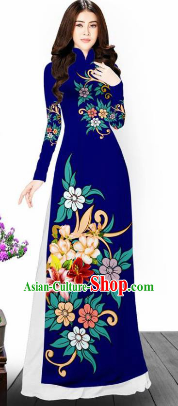 Asian Vietnam Traditional Printing Flowers Royalblue Aodai Cheongsam Vietnamese Bride Classical Qipao Dress for Women