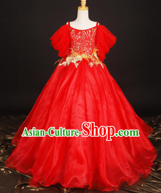 Professional Girls Compere Waltz Dance Red Full Dress Modern Fancywork Catwalks Stage Show Costume for Kids