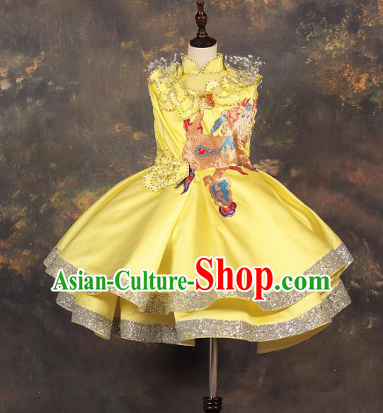 Chinese Stage Performance Catwalks Embroidered Yellow Full Dress Modern Fancywork Dance Costume for Kids