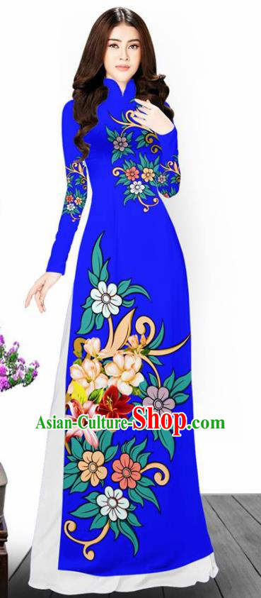 Asian Vietnam Traditional Printing Flowers Blue Aodai Cheongsam Vietnamese Bride Classical Qipao Dress for Women