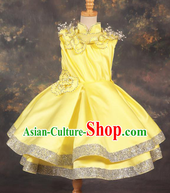 Professional Catwalks Stage Show Dance Yellow Dress Modern Fancywork Compere Court Princess Costume for Kids