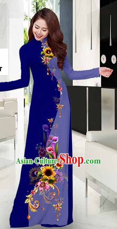 Navy Aodai Cheongsam Asian Vietnam Traditional Costume Vietnamese Bride Classical Qipao Dress for Women