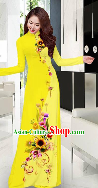 Yellow Aodai Cheongsam Asian Vietnam Traditional Costume Vietnamese Bride Classical Qipao Dress for Women