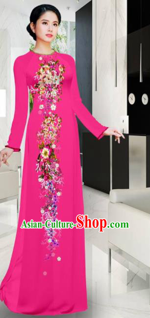 Asian Printing Flowers Rosy Aodai Cheongsam Vietnam Traditional Costume Vietnamese Bride Classical Qipao Dress for Women