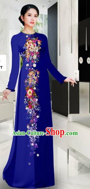 Asian Printing Flowers Royalblue Aodai Cheongsam Vietnam Traditional Costume Vietnamese Bride Classical Qipao Dress for Women