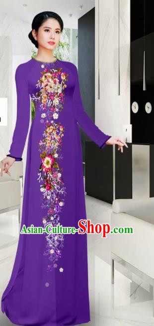 Asian Printing Flowers Purple Aodai Cheongsam Vietnam Traditional Costume Vietnamese Bride Classical Qipao Dress for Women