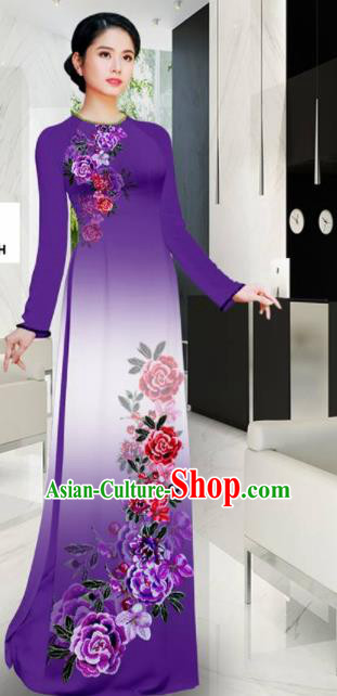 Asian Printing Roses Purple Aodai Cheongsam Vietnam Traditional Costume Vietnamese Bride Classical Qipao Dress for Women