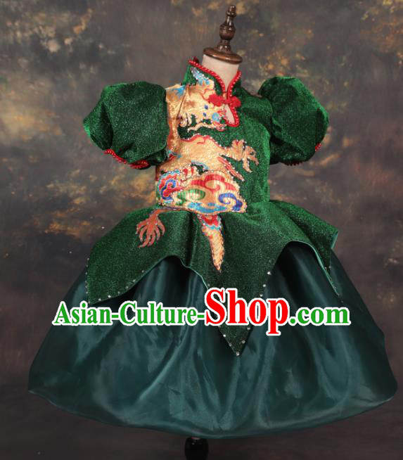 Chinese Stage Performance Catwalks Embroidered Green Full Dress Modern Fancywork Dance Costume for Kids