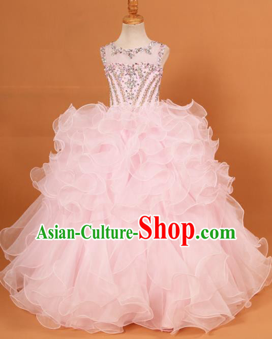 Professional Girls Compere Waltz Dance Pink Full Dress Modern Fancywork Catwalks Stage Show Costume for Kids