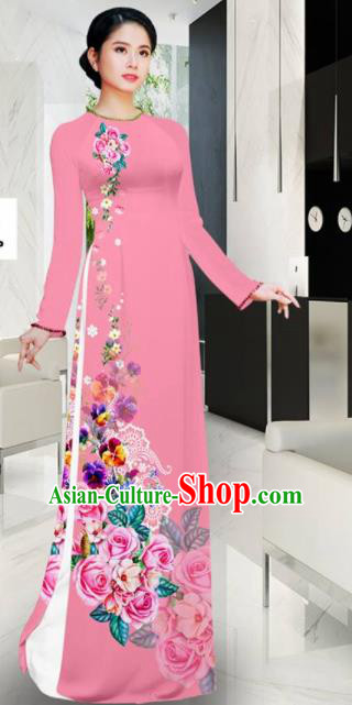 Asian Vietnam Printing Roses Pink Aodai Cheongsam Traditional Costume Vietnamese Bride Classical Qipao Dress for Women