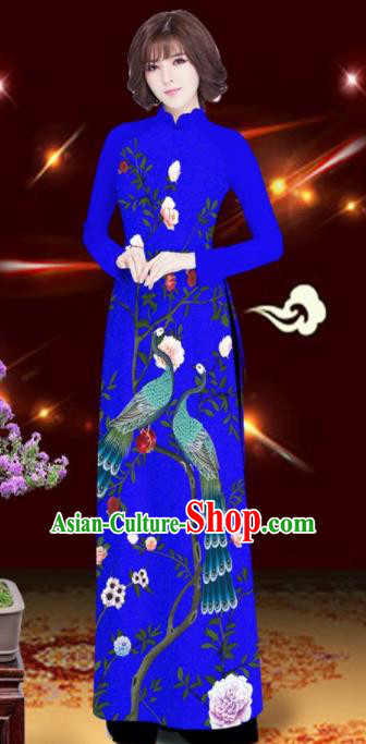 Asian Vietnam Printing Peacock Rose Royalblue Aodai Cheongsam Traditional Costume Vietnamese Bride Classical Qipao Dress for Women