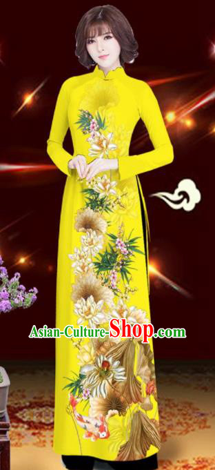 Asian Vietnam Printing Lotus Yellow Aodai Cheongsam Traditional Costume Vietnamese Bride Classical Qipao Dress for Women