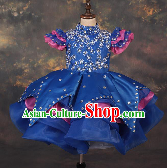 Professional Catwalks Stage Show Dance Royalblue Veil Dress Modern Fancywork Compere Court Princess Costume for Kids