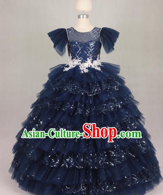 Professional Girls Compere Waltz Dance Navy Full Dress Modern Fancywork Catwalks Stage Show Costume for Kids