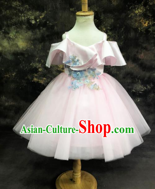 Professional Catwalks Stage Show Pink Veil Dress Modern Fancywork Compere Court Princess Dance Costume for Kids