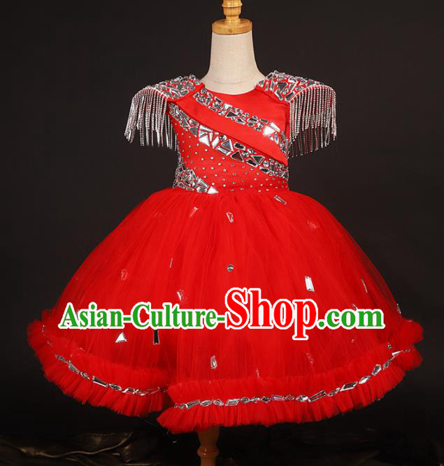 Professional Catwalks Stage Show Dance Red Veil Dress Modern Fancywork Compere Court Princess Costume for Kids