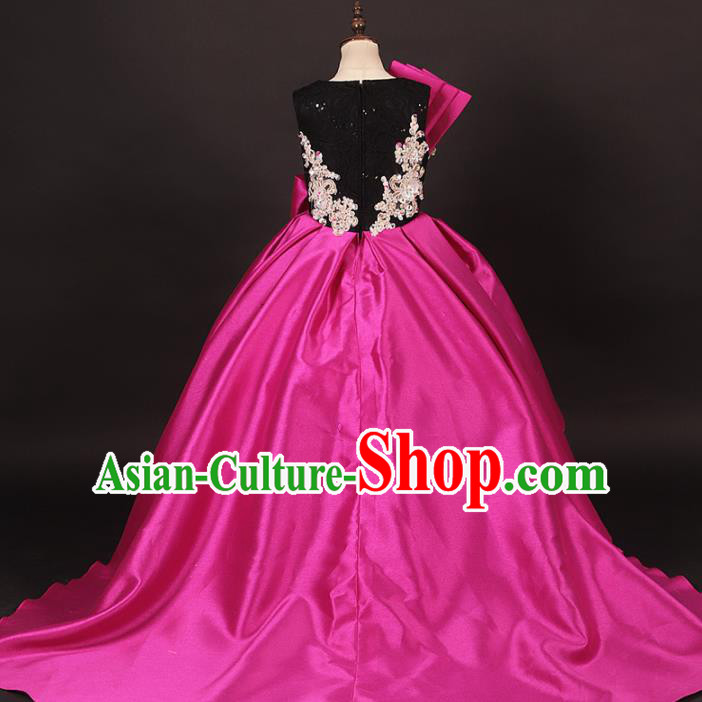 Professional Catwalks Stage Show Dance Rosy Satin Trailing Dress Modern Fancywork Compere Court Princess Costume for Kids
