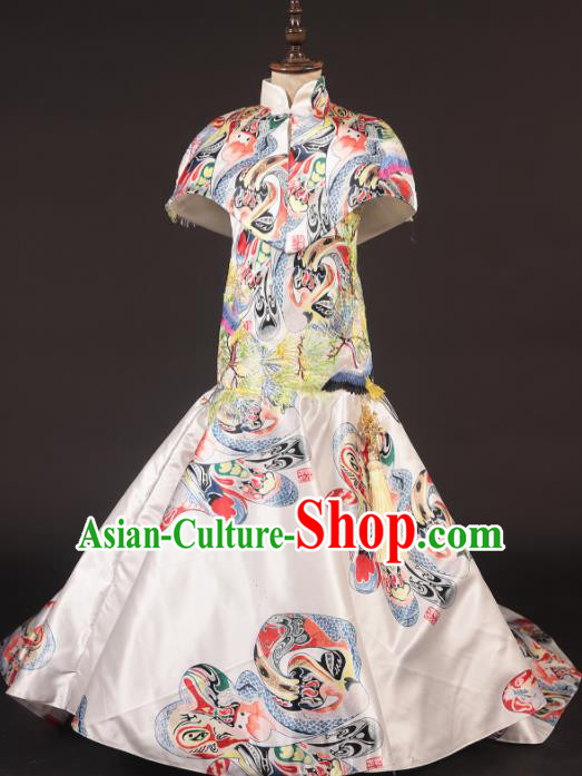 Chinese Stage Performance White Qipao Catwalks Full Dress Modern Fancywork Dance Costume for Kids