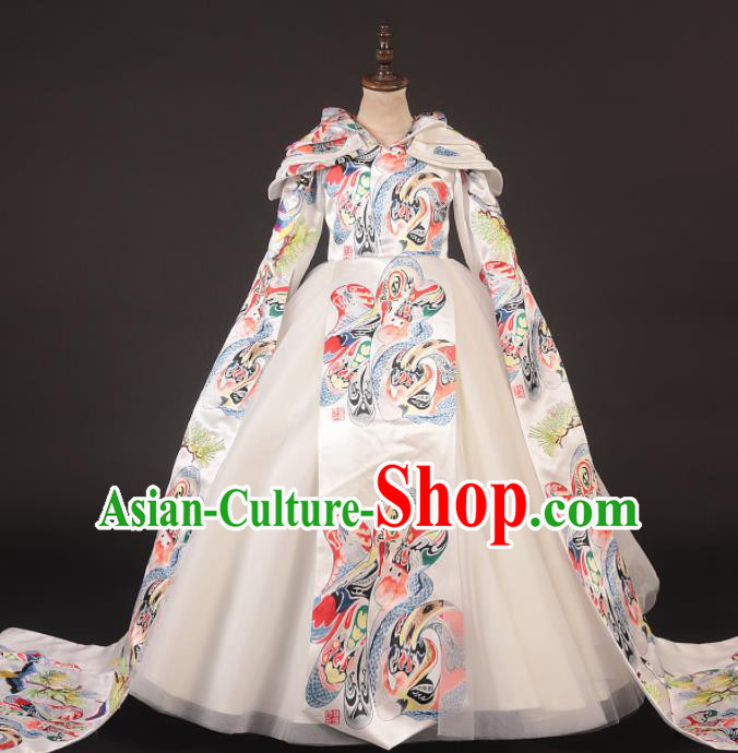 Chinese Stage Performance Catwalks White Full Dress Modern Fancywork Dance Costume for Kids