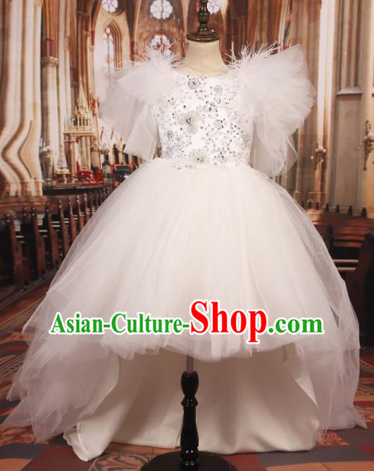 Professional Girls Catwalks Stage Show Dance White Veil Dress Modern Fancywork Compere Court Princess Costume for Kids