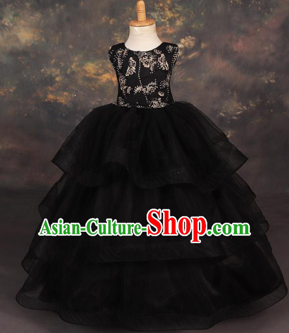 Professional Girls Catwalks Stage Show Dance Black Veil Dress Modern Fancywork Compere Court Princess Costume for Kids