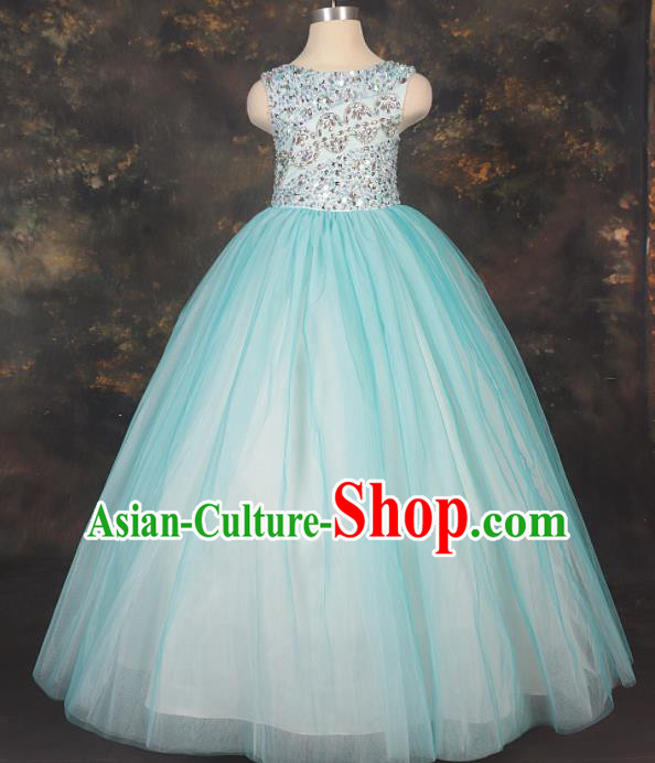 Professional Girls Catwalks Stage Show Dance Blue Veil Dress Modern Fancywork Compere Court Princess Costume for Kids