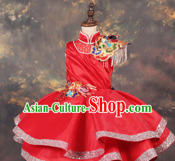 Chinese Stage Performance Folk Dance Catwalks Red Full Dress Modern Fancywork Dance Costume for Kids