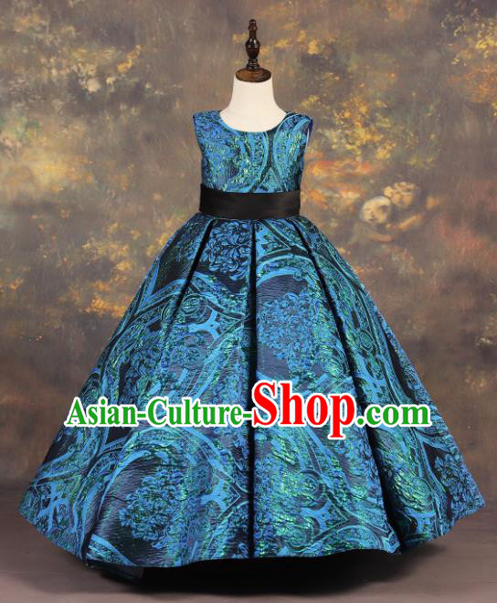 Professional Catwalks Stage Show Dance Blue Dress Modern Fancywork Compere Court Princess Costume for Kids