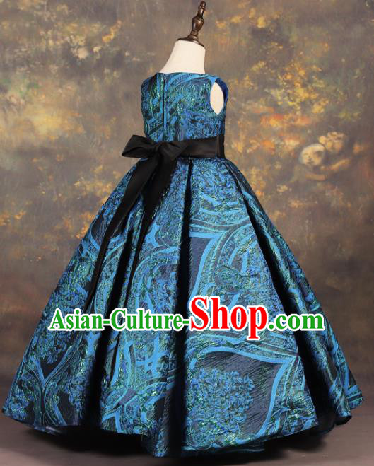 Professional Catwalks Stage Show Dance Blue Dress Modern Fancywork Compere Court Princess Costume for Kids