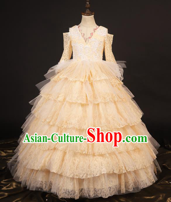 Professional Girls Catwalks Waltz Dance Champagne Lace Dress Modern Fancywork Compere Stage Show Costume for Kids