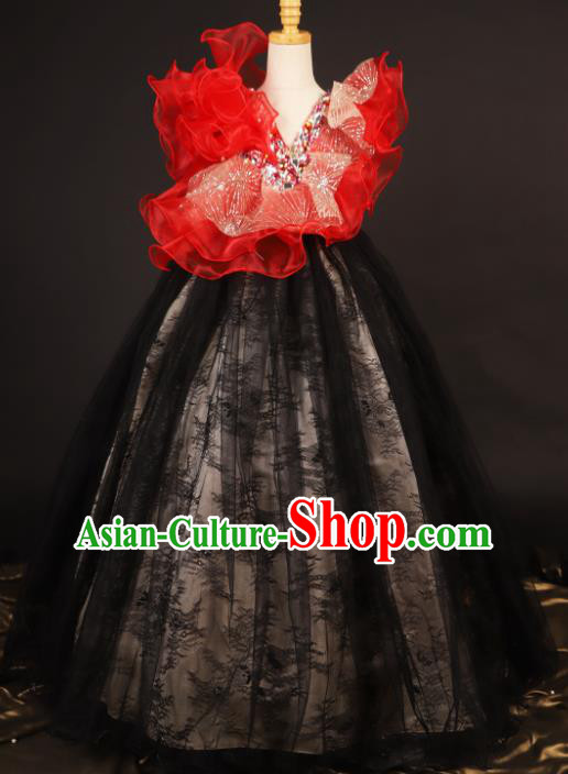 Professional Girls Catwalks Waltz Dance Black Veil Dress Modern Fancywork Compere Stage Show Costume for Kids