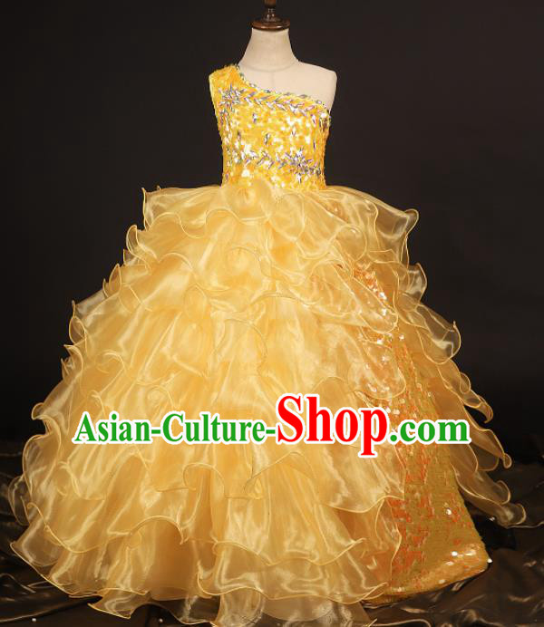 Professional Girls Catwalks Waltz Dance Yellow Veil Dress Modern Fancywork Compere Stage Show Costume for Kids