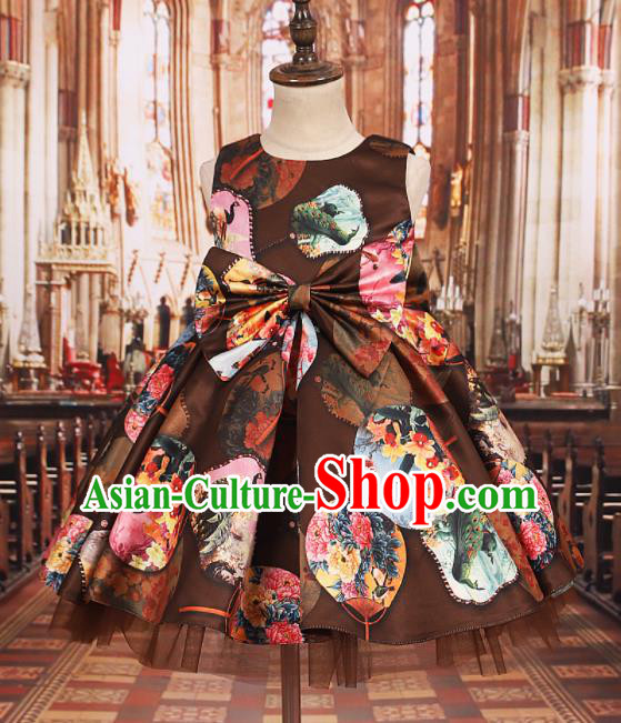 Professional Girls Catwalks Waltz Dance Printing Brown Dress Modern Fancywork Compere Stage Show Costume for Kids