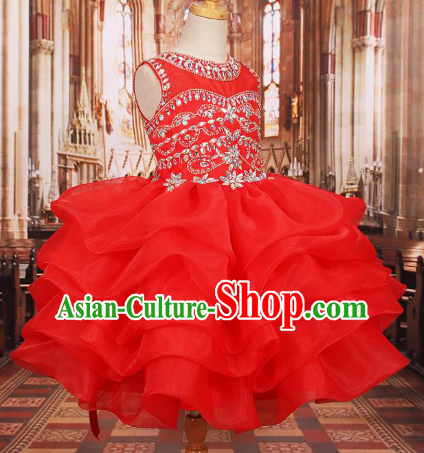 Professional Girls Catwalks Waltz Dance Red Veil Short Dress Modern Fancywork Compere Stage Show Costume for Kids