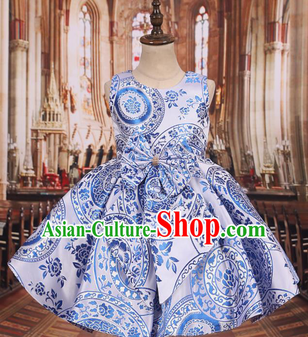 Professional Girls Catwalks Waltz Dance Printing White Dress Modern Fancywork Compere Stage Show Costume for Kids