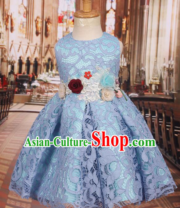 Professional Girls Catwalks Waltz Dance Blue Lace Dress Modern Fancywork Compere Stage Show Costume for Kids