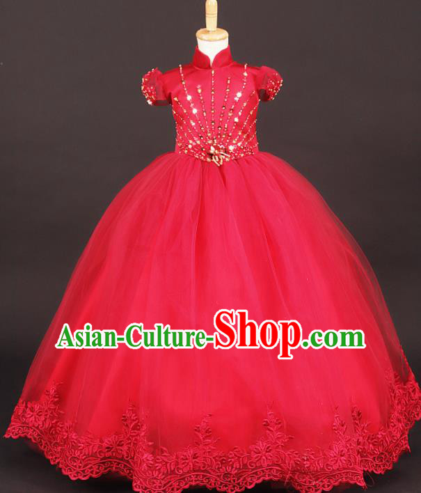 Professional Girls Catwalks Waltz Dance Rosy Veil Long Dress Modern Fancywork Compere Stage Show Costume for Kids