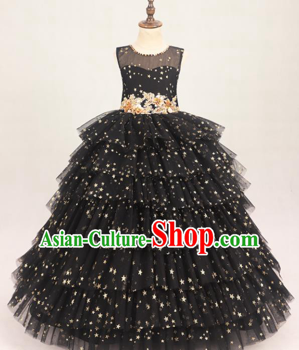 Professional Girls Catwalks Waltz Dance Black Veil Long Dress Modern Fancywork Compere Stage Show Costume for Kids