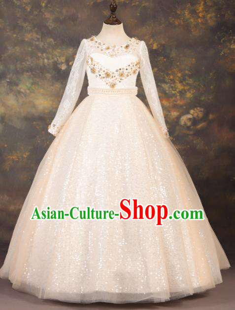 Professional Catwalks Stage Show Dance Champagne Veil Dress Modern Fancywork Compere Court Princess Costume for Kids