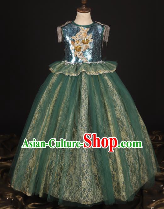 Professional Catwalks Stage Show Dance Green Veil Dress Modern Fancywork Compere Court Princess Costume for Kids