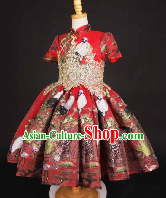 Chinese Stage Performance Catwalks Printing Red Full Dress Modern Fancywork Dance Costume for Kids