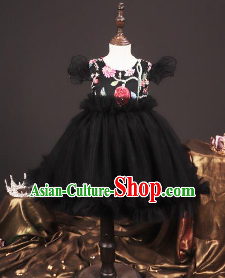 Professional Girls Catwalks Black Veil Dress Modern Fancywork Compere Stage Show Costume for Kids