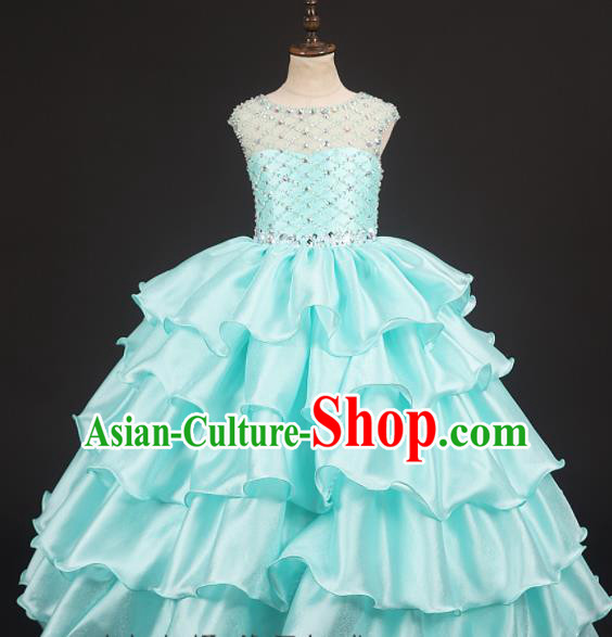 Professional Girls Catwalks Light Blue Dress Modern Fancywork Compere Stage Show Costume for Kids