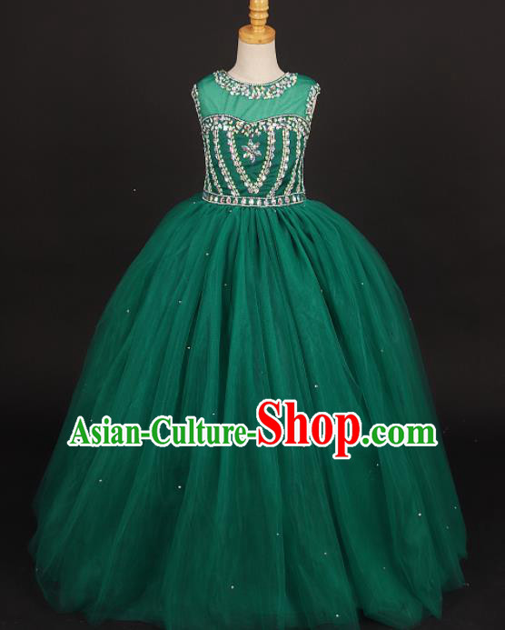 Professional Girls Catwalks Green Veil Dress Modern Fancywork Compere Stage Show Costume for Kids