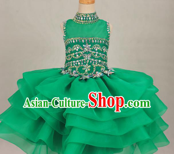 Professional Girls Catwalks Green Veil Bubble Dress Modern Fancywork Compere Stage Show Costume for Kids