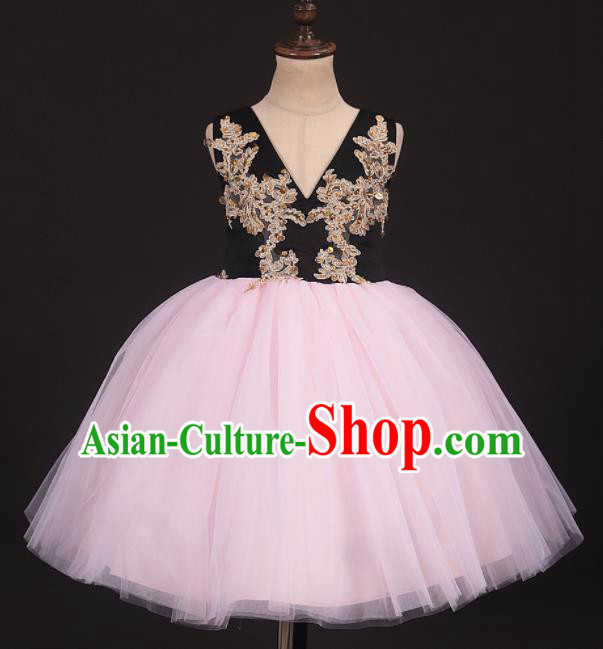 Professional Girls Catwalks Pink Veil Bubble Dress Modern Fancywork Compere Stage Show Costume for Kids